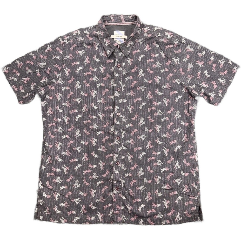 Fat Face Gray Floral Pattern Shirt 100% Cotton Short Sleeve Button-Up Cotton